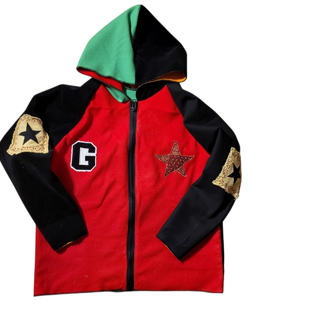 Red and Black Zip-Up Sweater with Star Patches